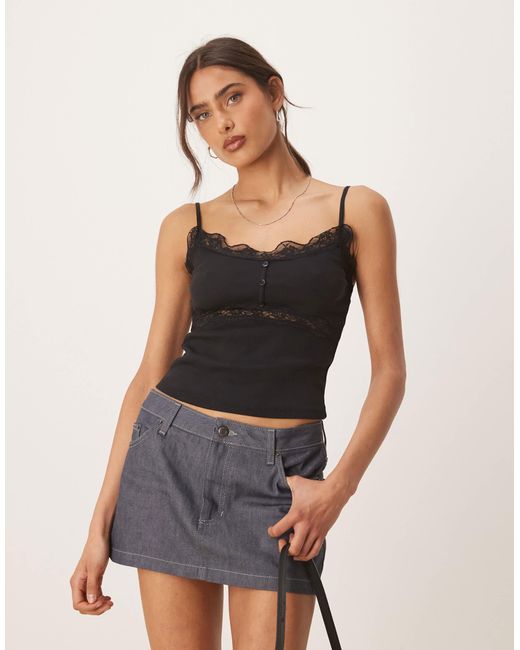 ASOS Black Ribbed Cami Top With Lace And Button Detail