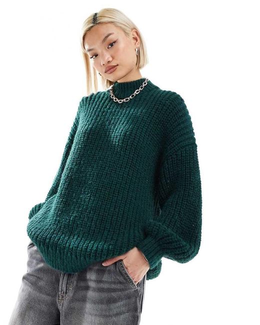 Monki Green High Neck Chunky Rib Knitted Jumper With Volume Sleeve