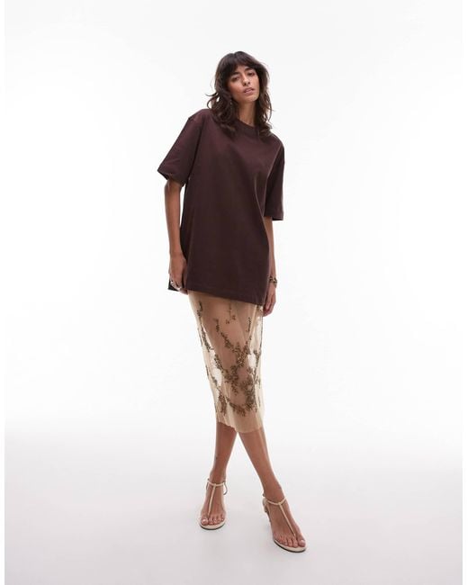 & Other Stories Brown Sheer Mesh Skirt With Bead And Sequin Embroidery