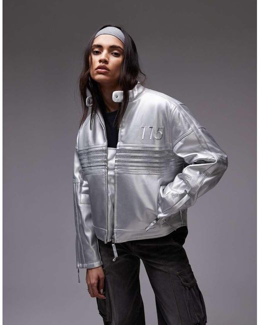 House Of Sunny Gray Faux Leather Racing Jacket