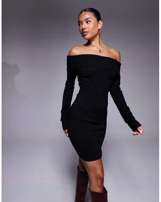 Kaiia Black Exclusive Ribbed Bardot Knitted Side Split Mini Dress