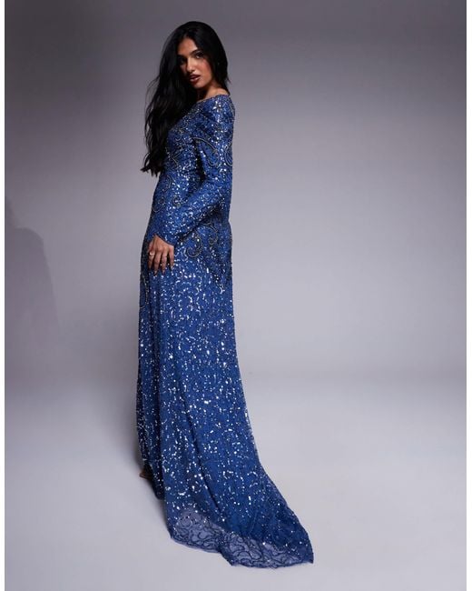 Beauut Maisa Embellished Long Sleeve Maxi Dress in Blue | Lyst
