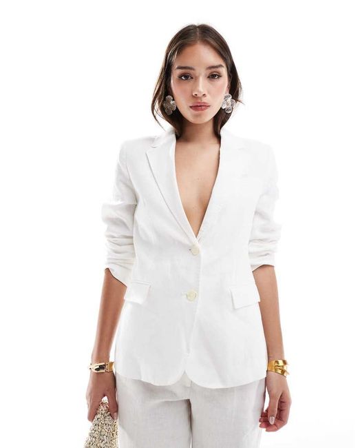 Mango White Linen Cinched Waist Co-ord Blazer