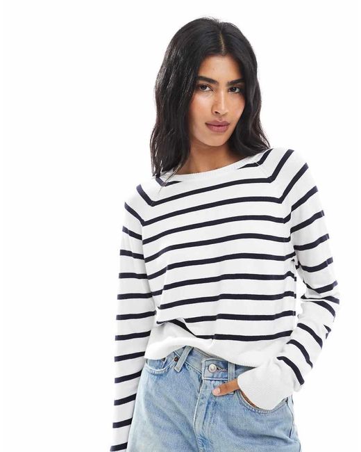 French Connection White Crew Neck Long Sleeve Striped Knit Jumper