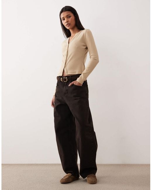 Threadbare Natural Long Sleeve Button Through Ribbed Top