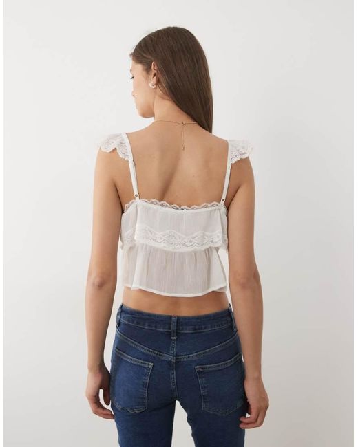 Miss Selfridge White Chiffon Lace Trim Tie Front Cami
