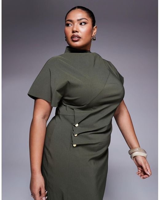 Asos design curve - robe mi-longue à taille froncée en bengaline - kaki ASOS en coloris Gray