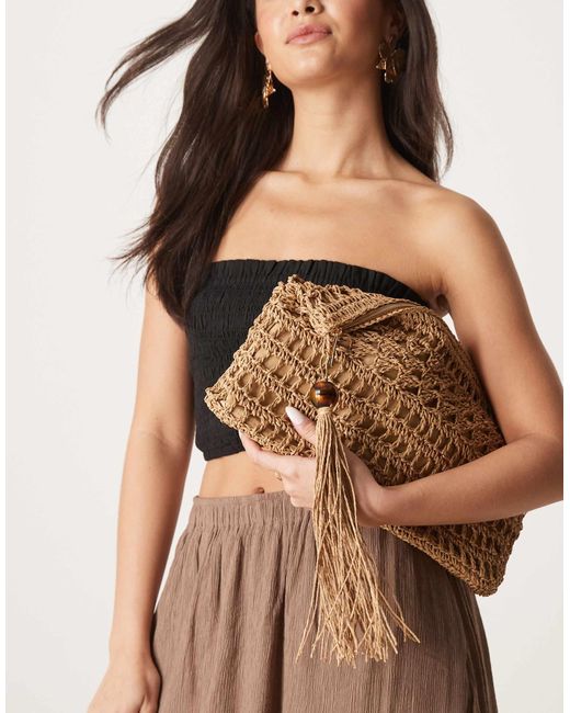 ASOS Brown Straw Clutch Bag With Open Weave And Tassel And Bead Detail