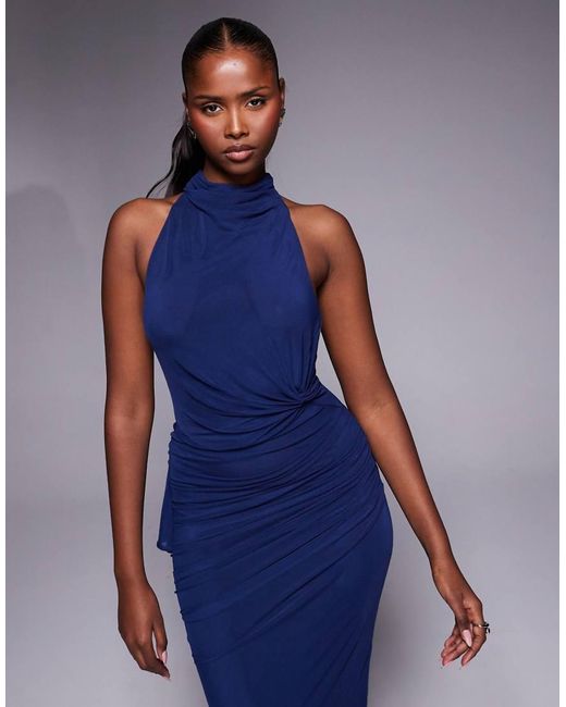 ASOS Blue Twisted Bust Detailing Mesh Maxi Dress With Tie Back Halter Neck