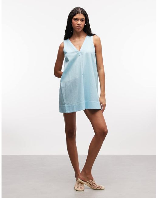 ASOS Blue Cotton Linen V Neck Smock Mini Dress