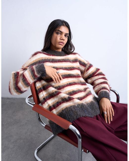 TOPSHOP Red Knitted Fluffy Stripe Jumper