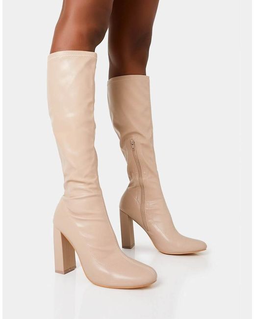 Public Desire Natural Christina Pu Pointed Toe Block Heel Knee High Boots