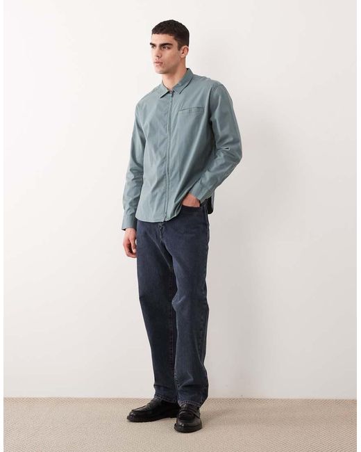ASOS Blue Relaxed Zip Up Ribbed Shirt for men