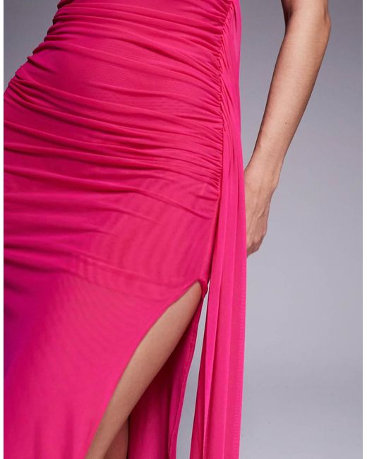 Bardot Pink Layana Mesh Twisted One Shoulder Ruched Midaxi Dress