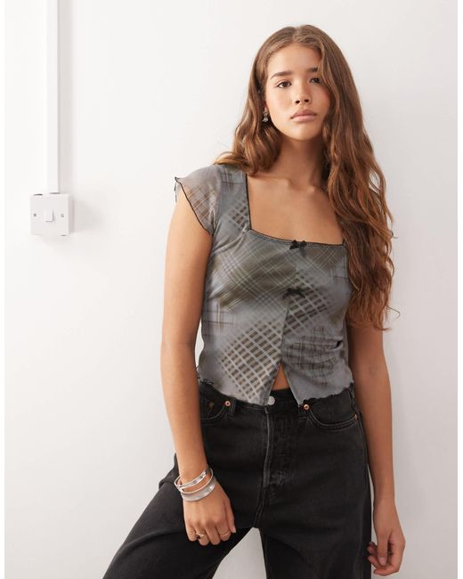 Reclaimed (vintage) Gray Square Neck Split Front Mesh Top