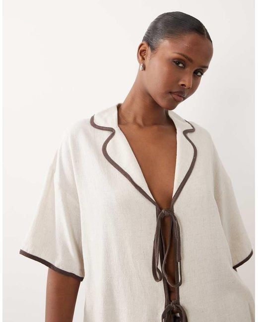 The Frolic Purple Exclusive Linen Feel Contrast Trim Collared Tie Front Beach Shirt Co-Ord