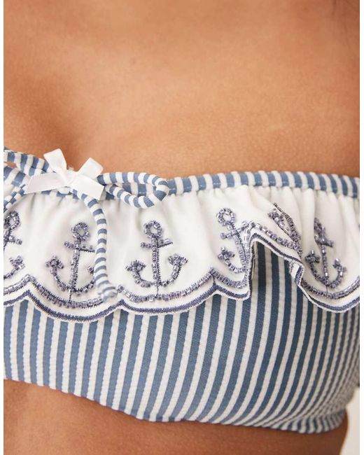For Love & Lemons Gray Embroidered Anchor Textured Bikini Top Co-ord