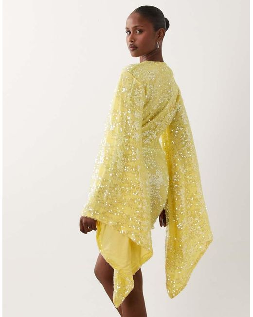 ASOS Yellow Sequin Plisse Batwing Mini Dress With Ruching Detail