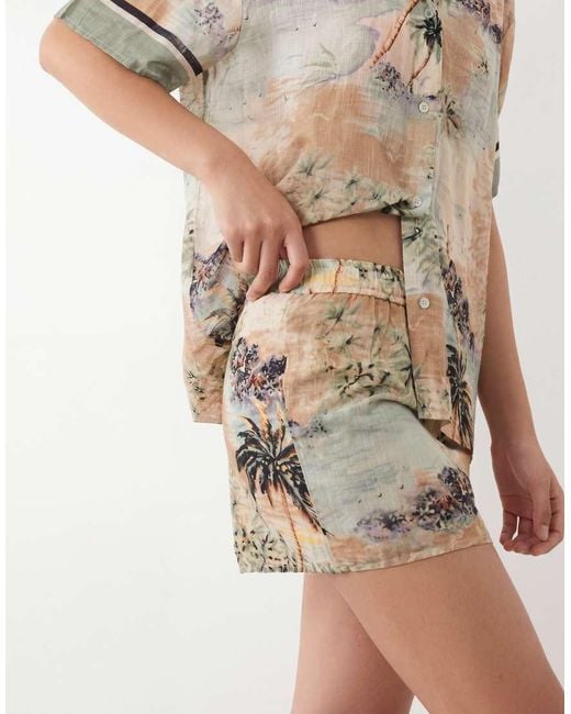 ASOS Natural Poppy Postcard Beach Shorts - Part Of A Set