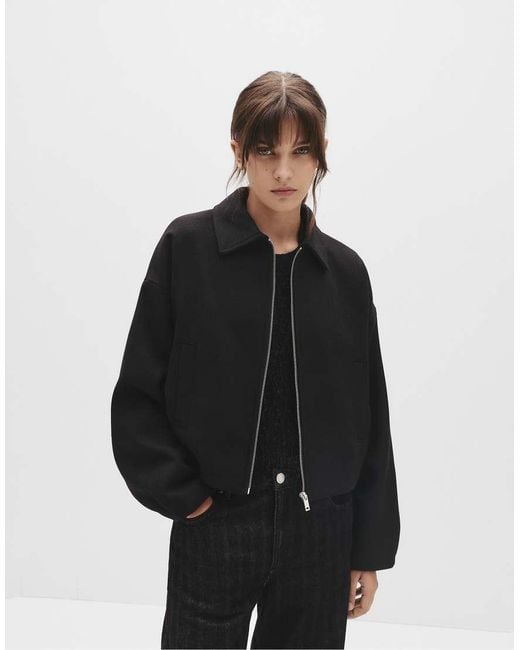 Pull&Bear Black Short Tailored Fit Felt Texture Jacket