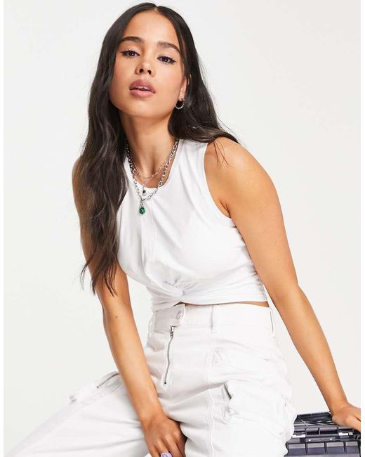 Noisy May White Twist Front Crop Top