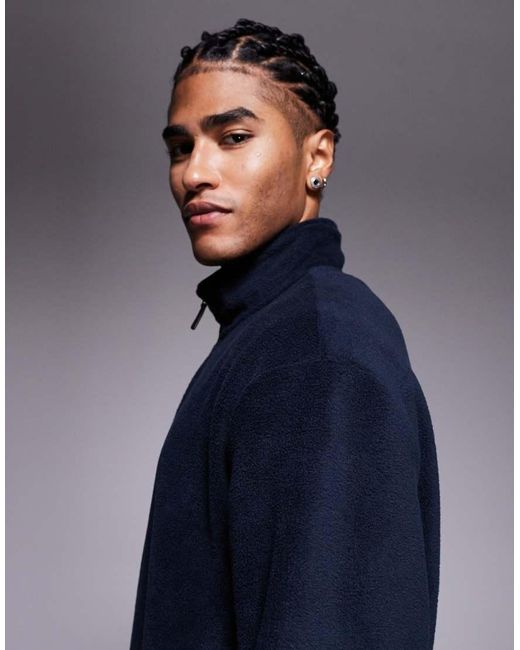 ASOS Blue Relaxed Funnel Neck Quarter Zip Fleece Sweatshirt for men
