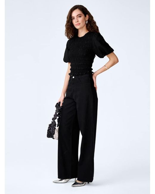 OMNES Black Tops Nicola Shirred Linen Short Sleeve Top