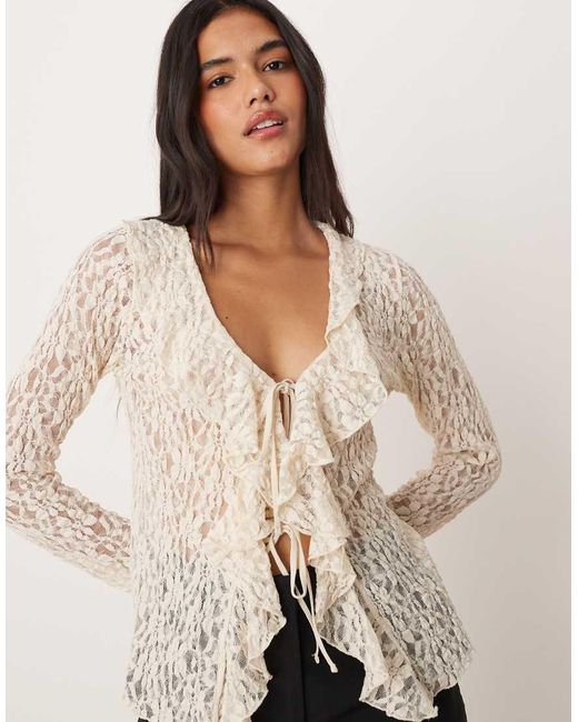 Mango Natural Textured Long Sleeve Ruffle Detail Blouse