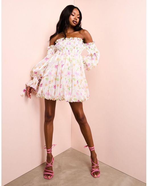 ASOS Pink Organza Off Shoulder Ruched Bubble Mini Dress