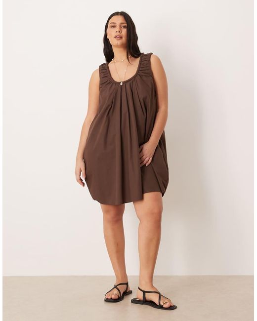 ASOS Brown Asos Design Curve Poplin Scoop Ruched Neck Mini Sundress Chocolate