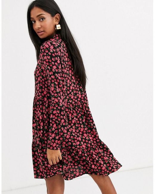 Floral Smock Shirt Dress for Women in Red with Jordan Ubuy