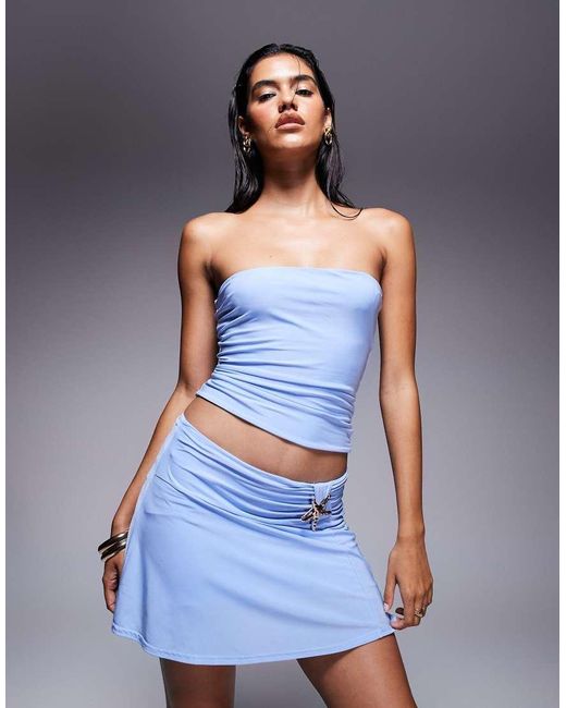 Fashionkilla Blue Double Sculpted Slinky Ruched Side Starfish Trim Mini Skirt Co-Ord