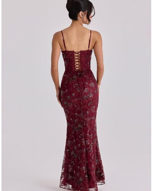 House Of Cb Red Naima Wine Hand Beaded Embellished Corset Maxi Dress