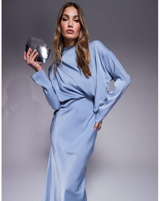 ASOS Blue High Neck Bias Satin Maxi Dress With Sleeve Detail