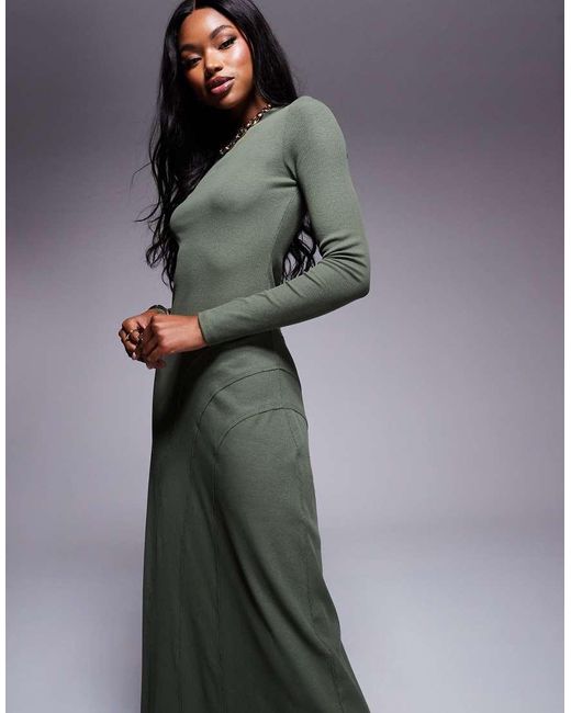 Vestito Midi A Maniche Lunghe Oliva Con Scollo Rotondo E Nervature di ASOS in Gray
