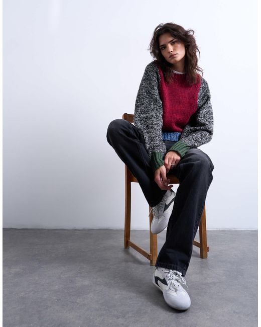 TOPSHOP Red – patchwork-strickpullover aus verzwirntem garn mit weiten ärmeln