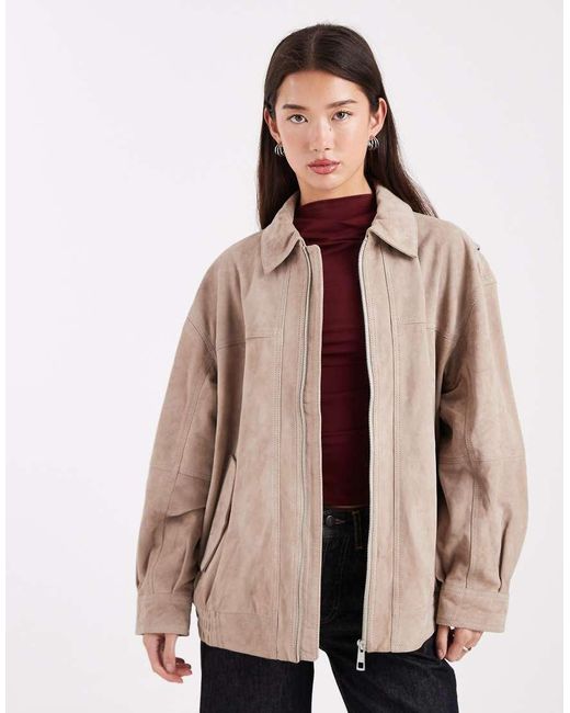 Chaqueta Harrington Estilo Bomber De Ante Auténtico De -Neutro ASOS de color Natural