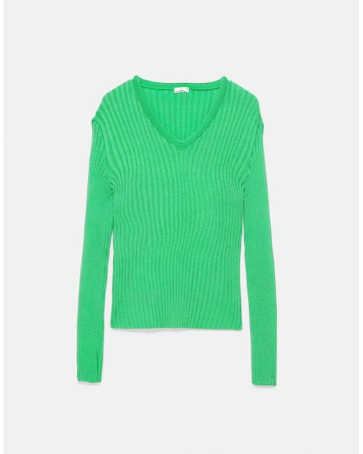 Pull col v côtelé Pull&Bear en coloris Green