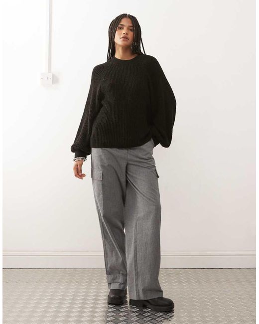Reclaimed Vintage Black Knitted Crew Neck Knitted Jumper With Raglan Balloon Sleeves