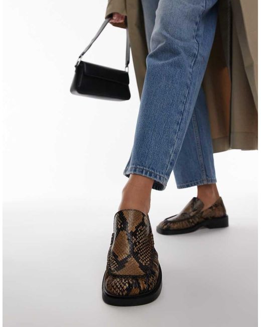 TOPSHOP Blue Premium Clover Leather Loafers With Ruched Detail