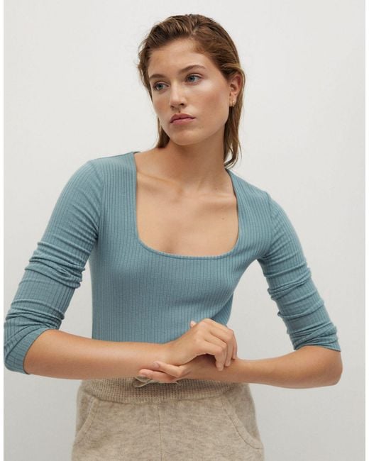 Mango Square Neck Ribbed Long Sleeve Tshirt in Green Lyst
