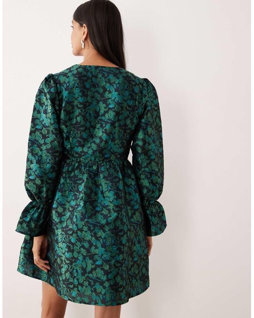 arabesque floral green long sleeve mini dress Farm Rio Arabesque Floral Long-Sleeve High-Neck Mini Dress