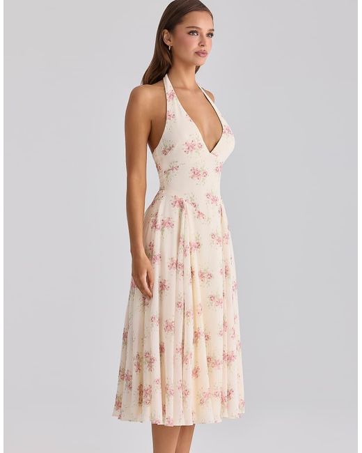 House Of Cb Natural Solada Ivory Vintage Rose Print Georgette Midi Halter Dress