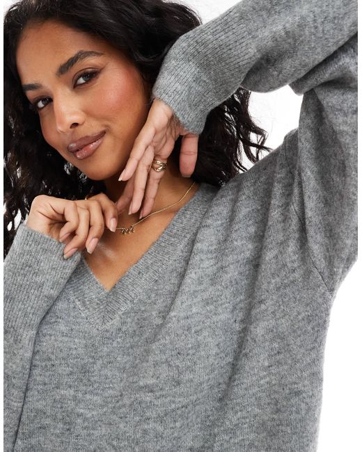 Vero Moda Gray Oversized Knitted V Neck Midi Dress