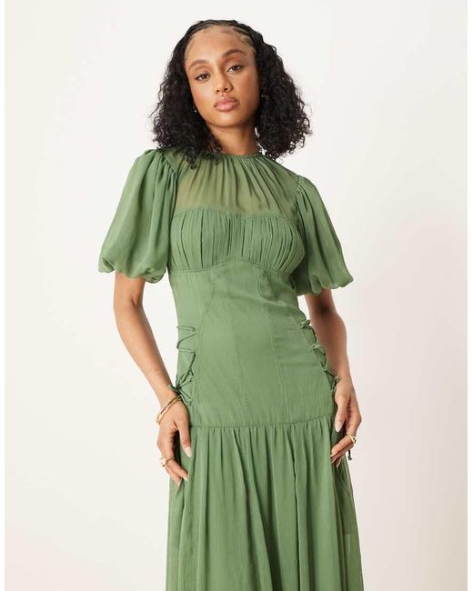 ASOS Green Asos Design Tall Puff Sleeve Chiffon Midaxi Dress