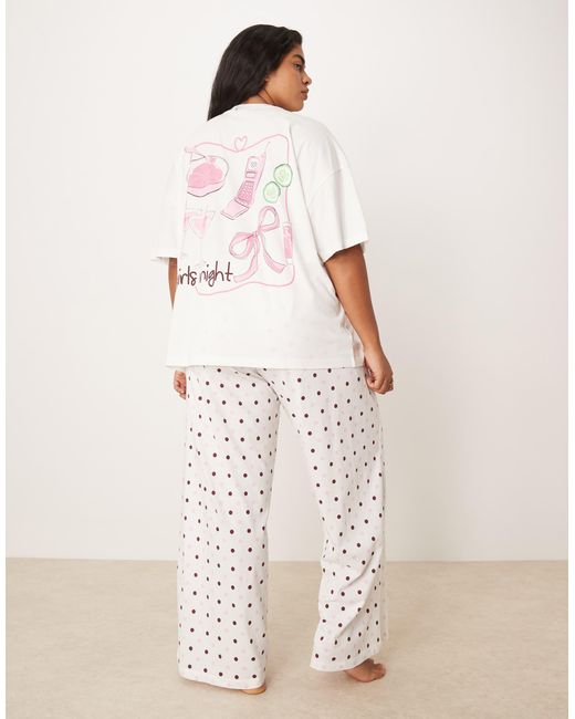 ASOS Natural Asos design curve – pyjama-set mit oversize-t-shirt mit "girls night"-motivprint und weit geschnittener hose