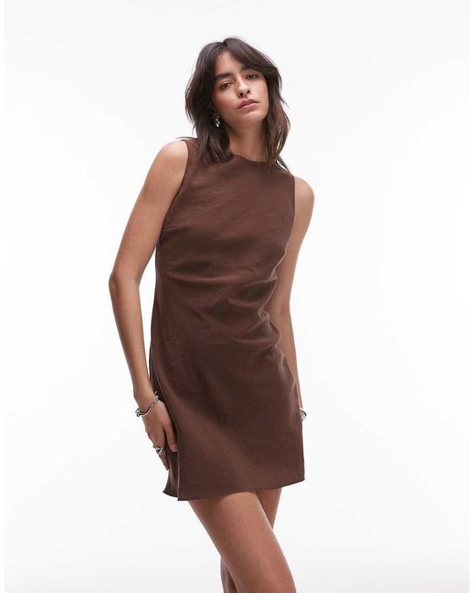 TOPSHOP Cupro Mini Jurk Met A-Lijn En Open Achterkant in het Brown