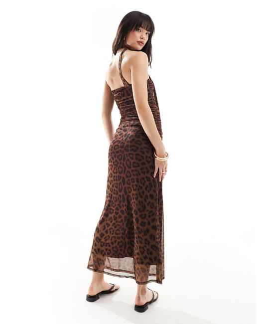 ASOS Brown Bandeau Ruched Mesh Midi Dress With Scarf