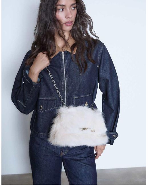 Stradivarius Blue Rectangular Faux Fur Mini Crossbody Bag