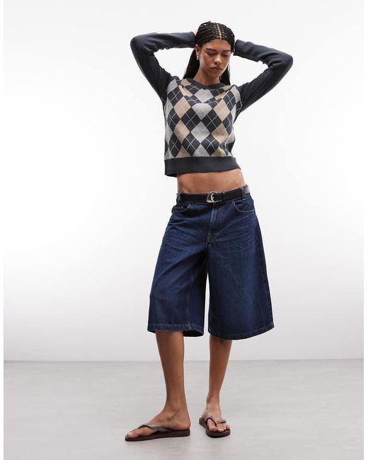Daisy Street Blue V Neck Thin Knit Argyle Top